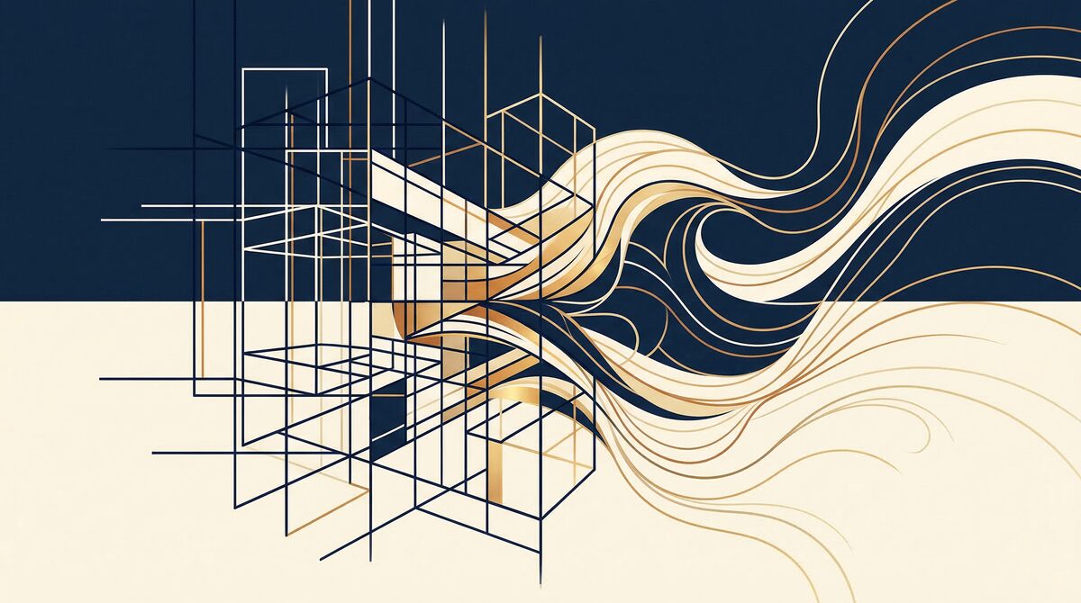 Abstract illustration of structured and organic architectural spaces merging